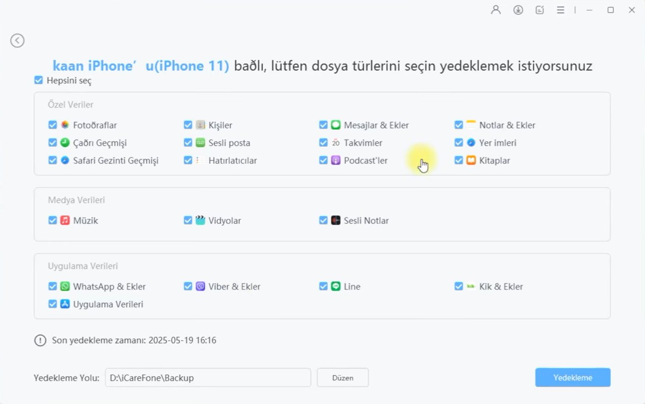 yedekleme istediğiniz verilei seçin