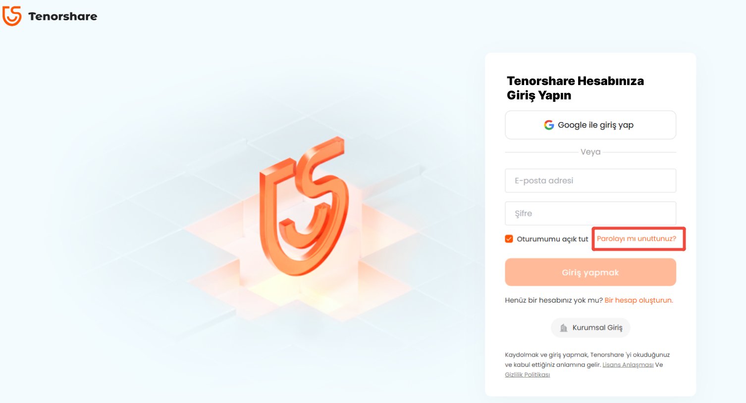 Şifremi unuttum ekranı