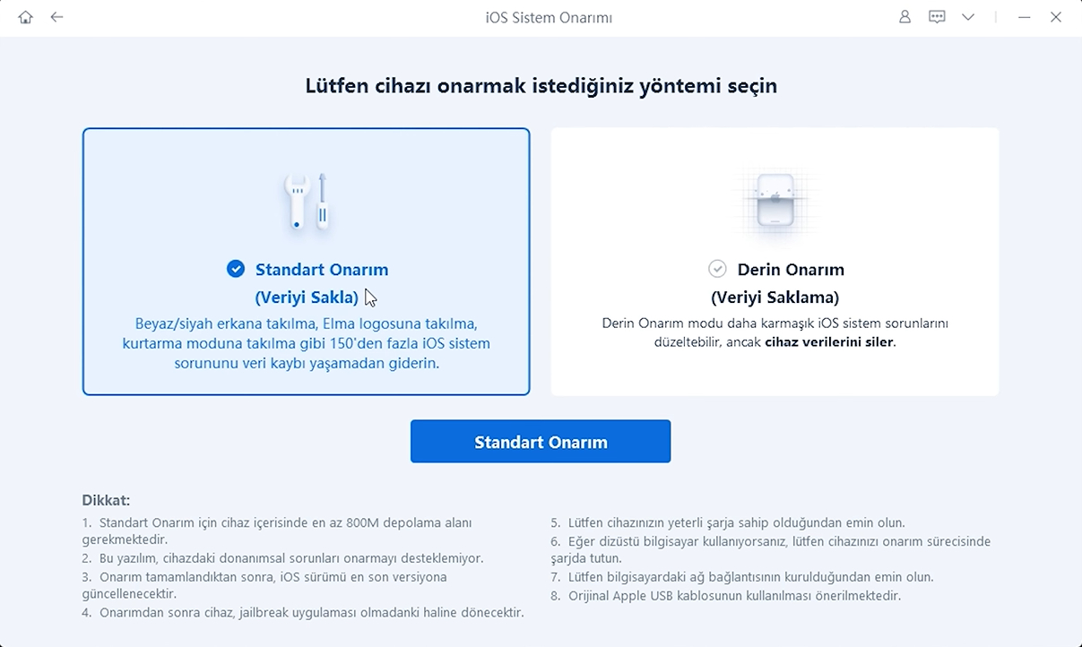 standart onarım seçin