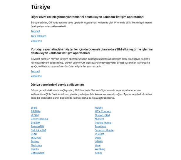eSIM hizmeti sunan kablosuz iletişim operatörleri
