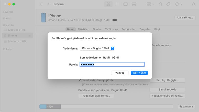iTunes yedekleme şifresini girin.