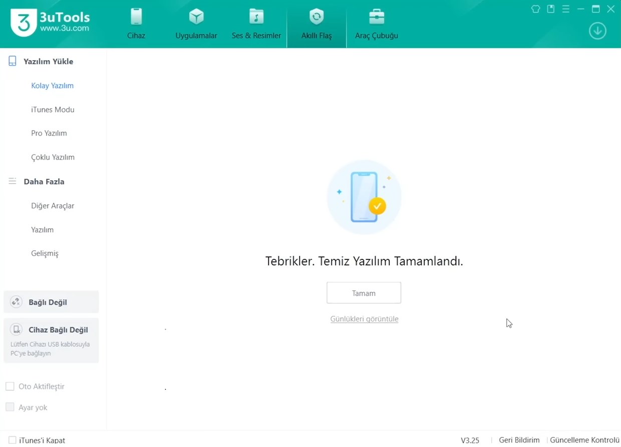 3utools ile ios sürüm düşürme tamamlandı