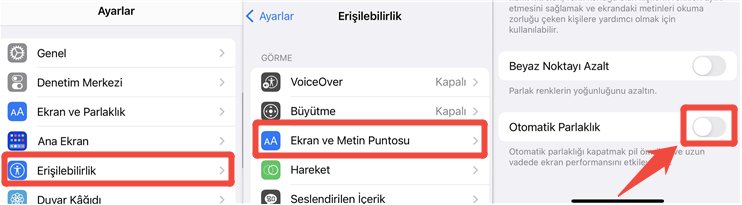 iphone otomatik ekran parlaklığı kapatma