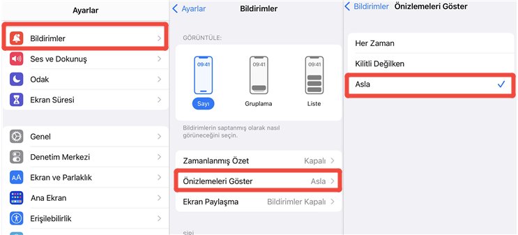 iphone bildirim içeriği gizleme