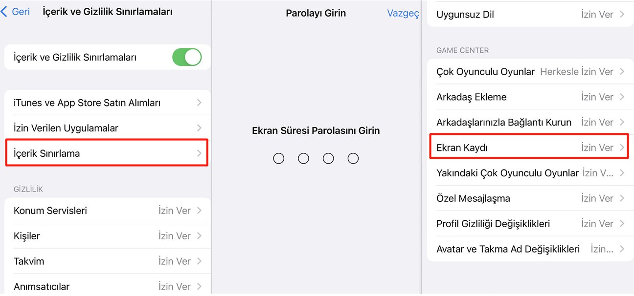 ekran kaydı sınırlamaları kontrol edin