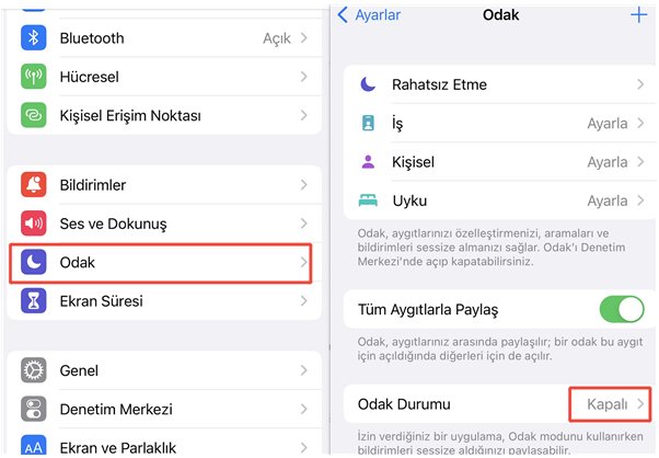 iphone zil sesi çalmıyorsa odak modunu kapatın