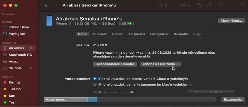 itunes ile cihazı geri yükle