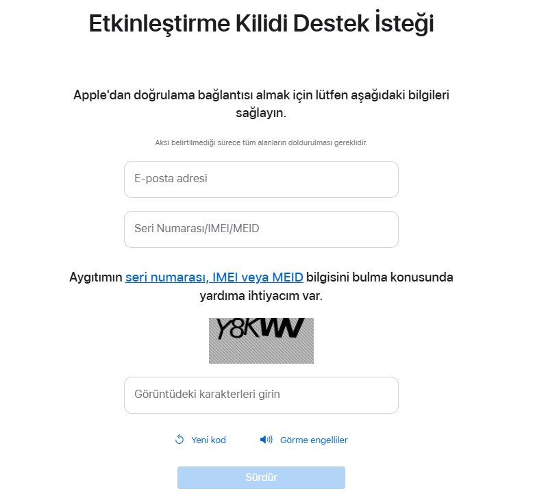 apple support ile etkinleştirme kilidi kaldırma