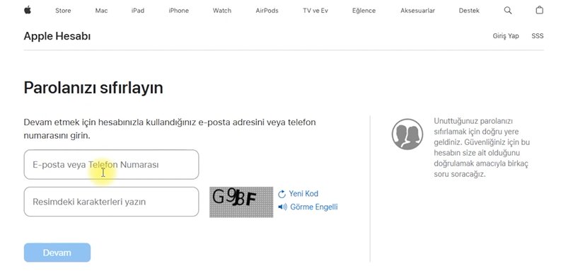Apple Kimliği e-postanızı ve resimdeki karakterleri girin