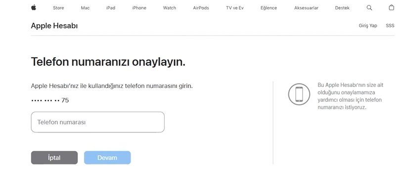 Apple Kimliğinizle ilişkili telefon numarasını girin