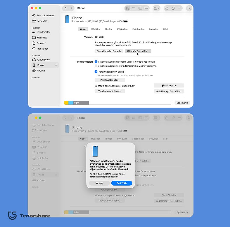 bilgisayardan iphone sıfırlama