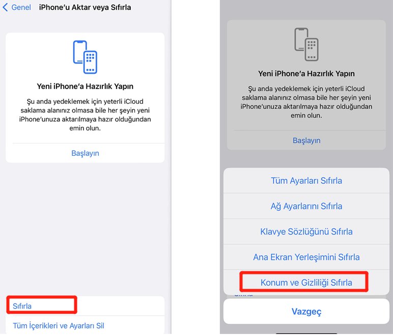 konum bulunamıyor - konum ve gizliliği sıfırlayın