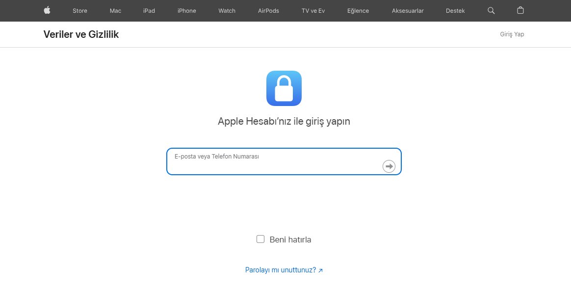 Veri ve Gizlilik Sayfası Üzerinden Apple Kimliği Silme