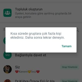 whatsapp gruba kişi ekleme sorunu - kısa sürede gruba çok fazla kişi ekleme sorunu