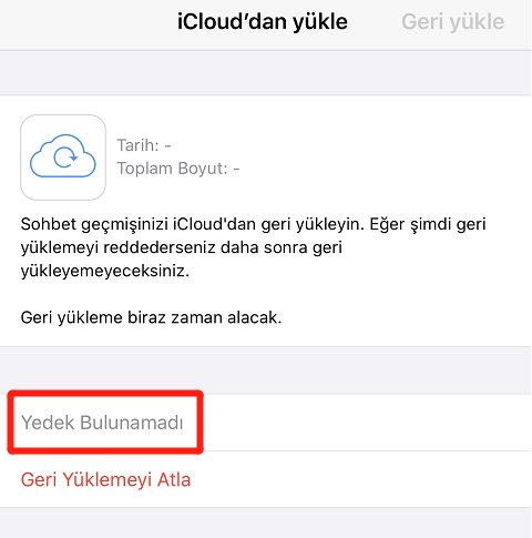 iphone whatsapp yedekleme bulunamadı