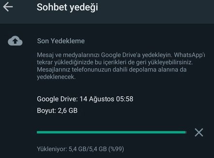 whatsapp yedekleme takıldı android